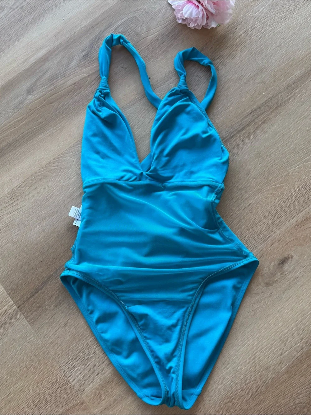 Robin Piccone Turquoise Blue One-Piece Swimsuit Sz 4 with Knotted Straps v neck